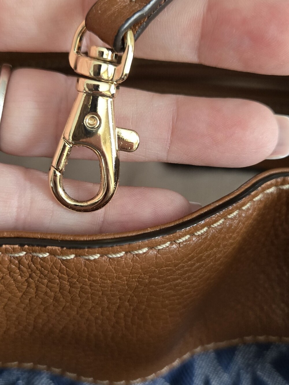 Vintage Michael Kors Denim MK Monogram and Tan Leather Drawstring Shoulder Bag - Picture 9 of 10